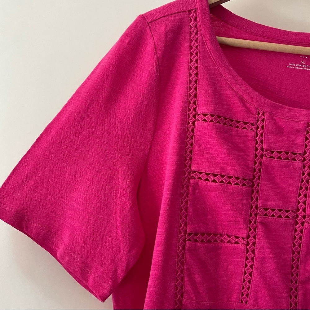 Talbots Fuchsia Pink Cotton Short Sleeve T-Shirt w/ Front Detail Size XL - Picture 4 of 12